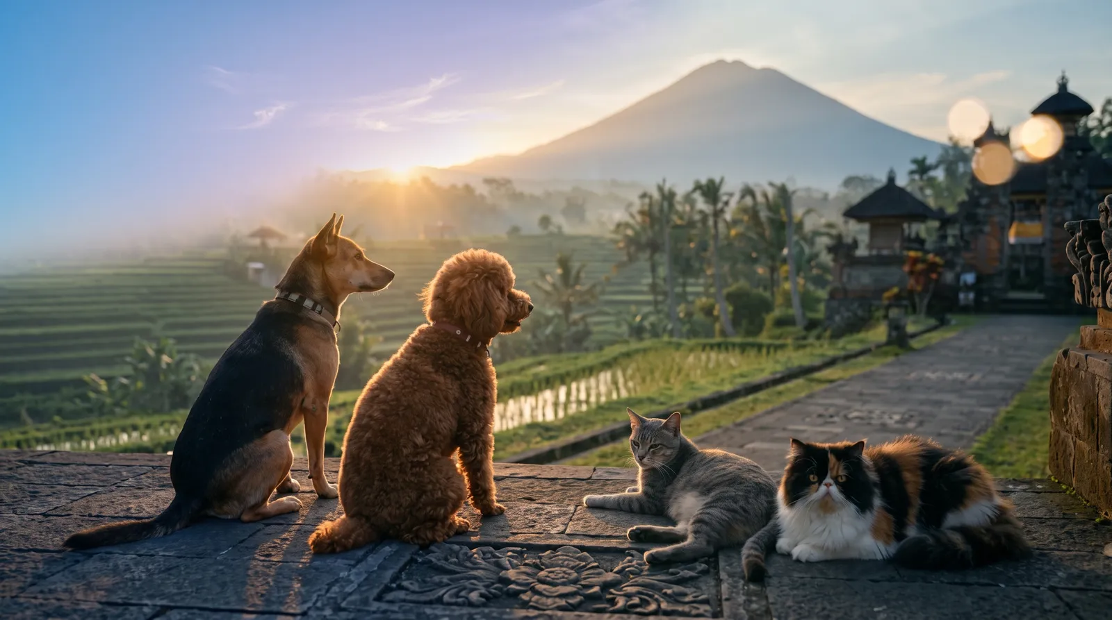 Anjing dan kucing menikmati matahari terbit di sawah Bali