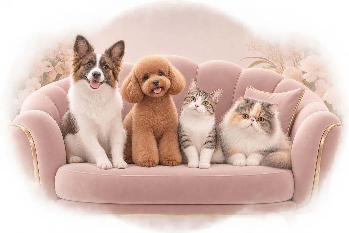 Anjing dan kucing duduk bersama di sofa merah muda